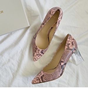 Marc Fisher Pink Snake Print Clear Block Heel Pointy Toe Pump